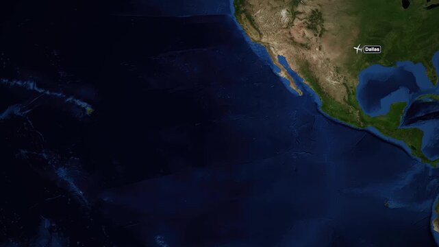 Animated Flight Route Map from Dallas to Honolulu over Pacific Ocean