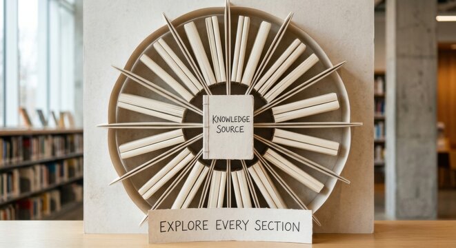 Minimalist Book Arrangement with Central Knowledge Source Display and Explore Every Section Sign