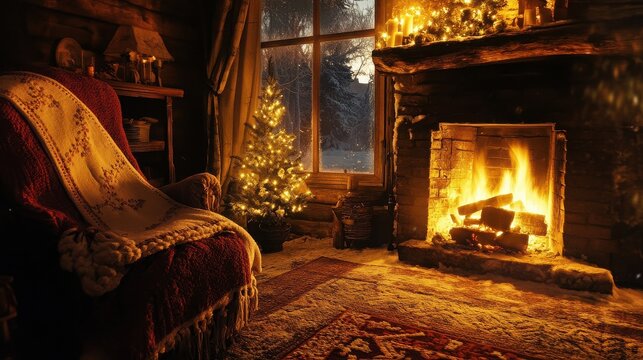 Christmas tree stands illuminated next to a burning fireplace in a cozy living room during winter.