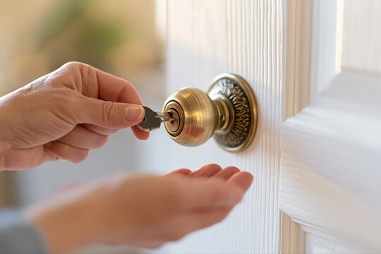 Person inserting key into ornate brass doorknob on a white interior door, symbolizing access and security