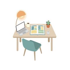 Fototapeta premium An organized workspace features a laptop, an open book, a lamp, and a potted plant on a wooden desk, accompanied by a stylish teal chair.