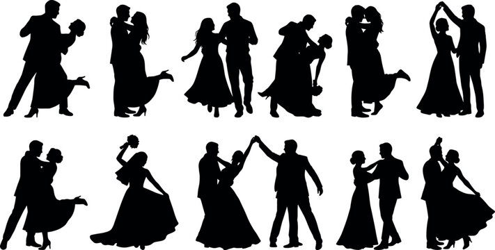 Romantic wedding couple dancing silhouette collection featuring bride and groom first dance slow waltz tango party celebration vectors pack
