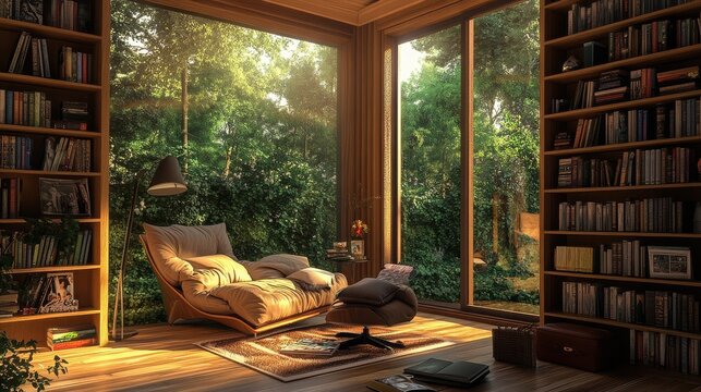 Sunlit library features a plush lounge chair facing a large window that overlooks a lush green forest with tall trees and dense foliage.