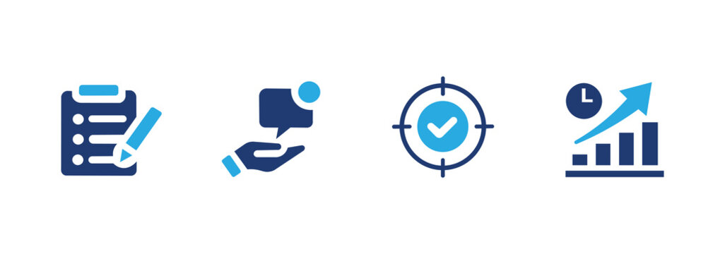 Time management icon set. Contains agenda, notification, focus, and efficiency icons. Solid icon pack.