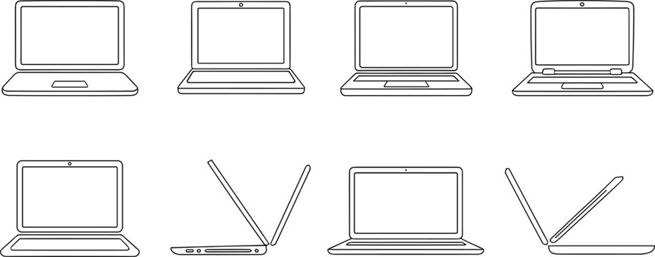 Laptop computer portable notebook devices in front and side profile view outline icons vector set for tech design