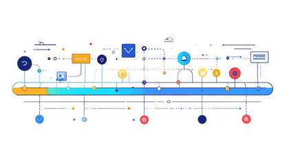 Fototapeta premium Clean horizontal project timeline with colorful data nodes.