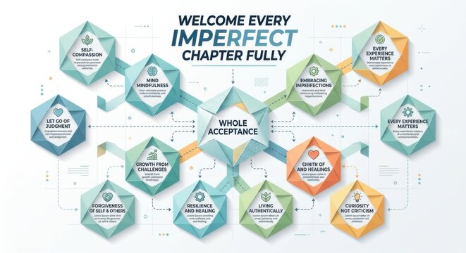 Diagram inspired layout of folded paper hexagons symbolizing personal growth and acceptance