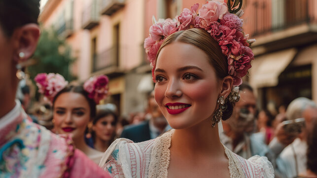 Young woman in traditional floral attire celebrating The San Isidro Festival with joyful spirit in a historic Madrid street
