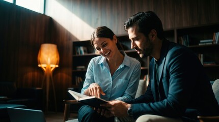 Fototapeta premium Professional business partners smiling and reading book together in wood-paneled library for corporate mentorship and collaboration