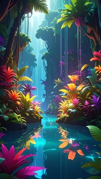 Enchanting Bioluminescent Jungle River with Vibrant Flora.