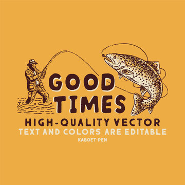 Fisherman illustration trout graphic fish design animals badge outdoor vintage adventure