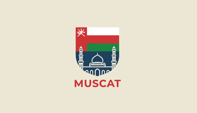 Shield of Muscat depicting the Sultan Qaboos Grand Mosque silhouette with the national flag of Oman on a beige backdrop.
