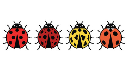 Fototapeta premium Row of four colorful ladybugs with varying shell patterns and spot distributions, highlighting insect diversity.