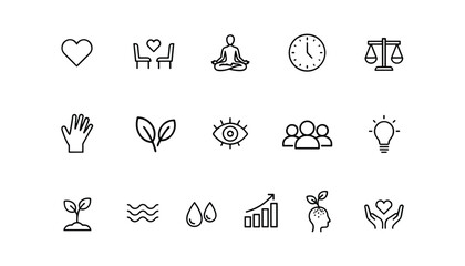 Fototapeta premium Collection of black outline representing concepts like love growth balance time community and ideas on white background