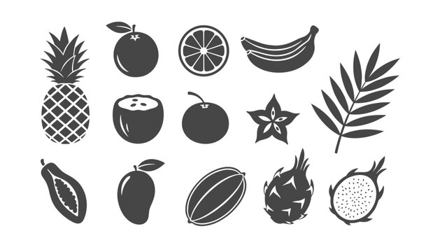 Minimalist collection of tropical fruit silhouettes including pineapple, banana, mango, and dragon fruit in black.