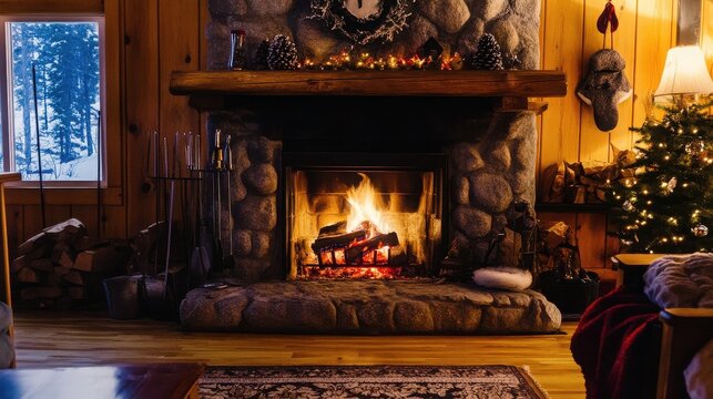 Fireplace featuring a stone chimney crackles with a bright flame inside a cozy living room decorated for the festive holiday season.