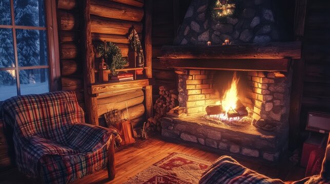 Fireplace constructed from natural stone provides warmth and a cozy atmosphere inside a rustic wooden cabin during a cold winter evening.
