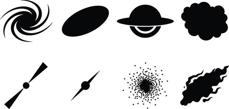 Black silhouette icon set of astronomical objects including galaxies, nebula, quasars, pulsars, star clusters, comets, and cosmic formations
