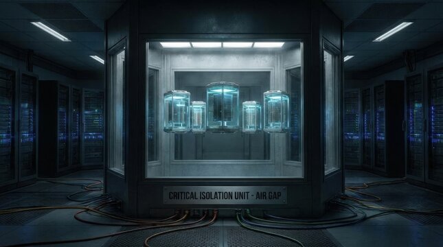 A futuristic concept of air gapped systems in a data center, featuring a secure critical isolation unit with glowing servers protected inside a containment chamber for maximum cybersecurity integrity.