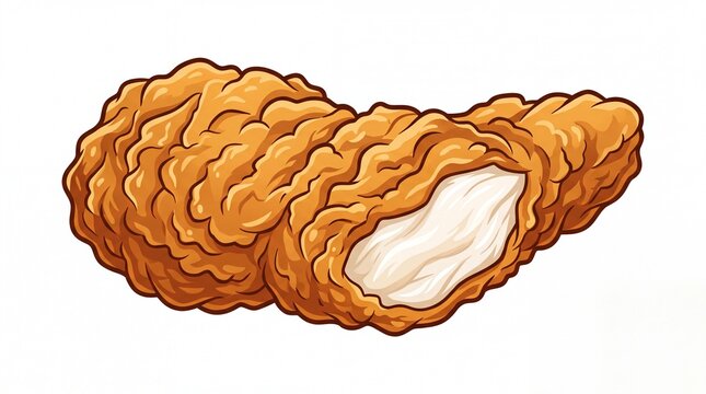 Crispy golden fried chicken tender piece showing succulent white meat texture isolated on white background