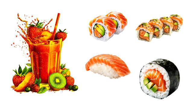 Fresh fruit smoothie drink and salmon sushi illustration set