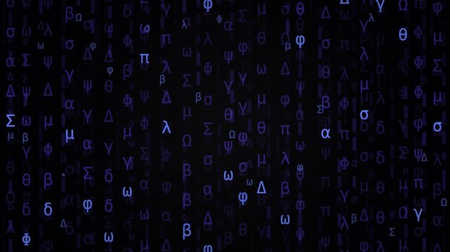 Blue Digital Matrix Rain with Falling Greek Alphabet Characters