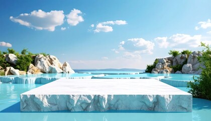 Fototapeta premium Idyllic Natural Spa Oasis with White Stone Platform Surrounded by Turquoise Water and Lush Greenery