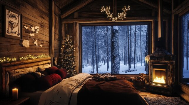 Bedroom interior creates a cozy winter atmosphere with a glowing fireplace and a decorated Christmas tree near a large forest window.
