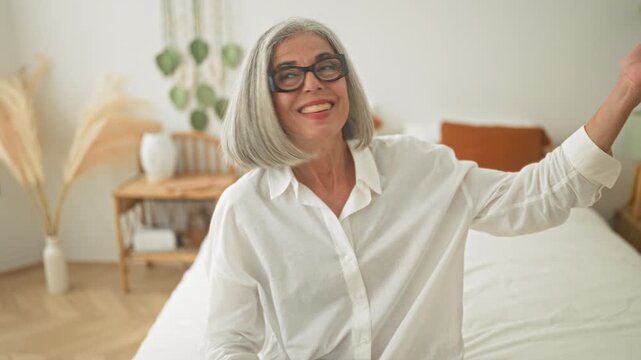 Woman in white shirt extends hand holding keys over a bed inside a building, smiling and twirling gray hair while seated on the mattress; joy homeownership.