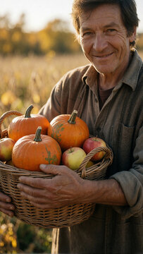 Smiling farmer holding a wicker basket full of pumpkins and apples in a field at golden hour, autumn harvest and local agriculture, vertical portrait, 夕暮れの畑でかぼちゃとりんごを入れた籠を抱えて微笑む農家の男性 秋の収穫と地産地消 縦位置ポートレ