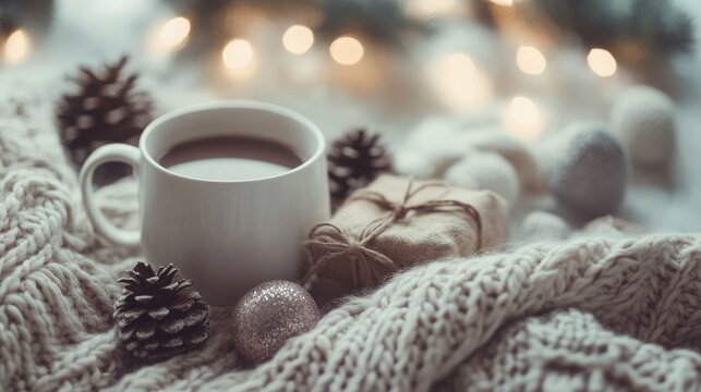 White coffee cup rests on a chunky knit throw next to a wrapped gift and natural pine cones.