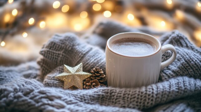 Ceramic mug filled with hot cocoa sits on a knitted blanket beside a golden star ornament and pine cones.