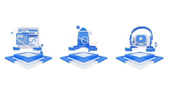 Sets of 3D-rendered animated icon video assets