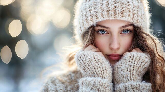 Woman wearing winter accessories looks directly at the camera while standing in the snow.