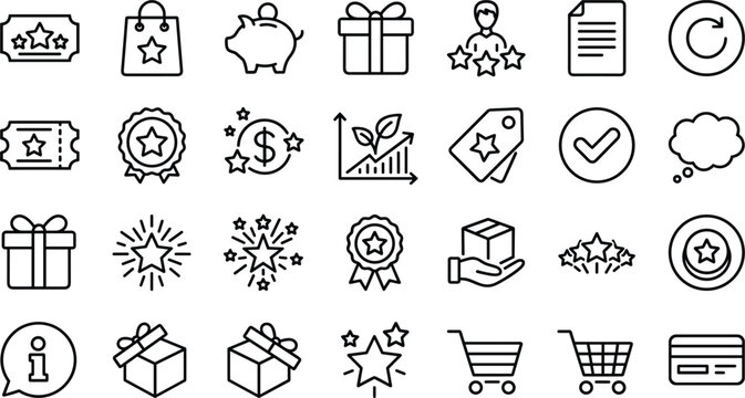 Loyalty rewards and retail shopping icon set featuring bonus gifts coupons discount tags carts and financial credit cards