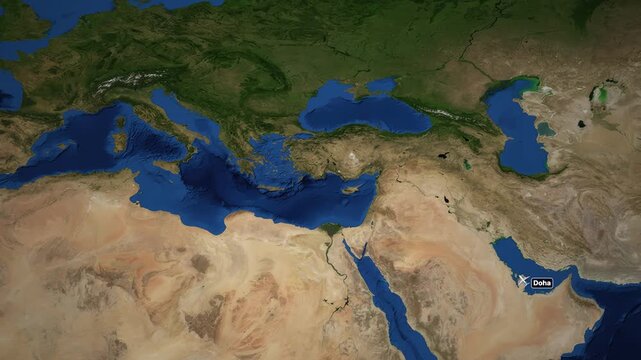 Animated Flight Route Map from Doha to Zurich Over Middle East and Europe