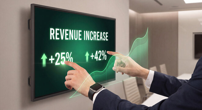 Revenue Increase Data Visualization, Financial Growth Chart, Business Performance Metrics, Corporate Strategy Success, Digital Display Analytics, Positive Trend Graph, Investment Return Concept