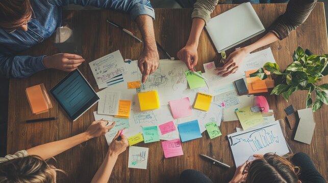 Team members work together on a wooden table covered with colorful sticky notes and project sketches.