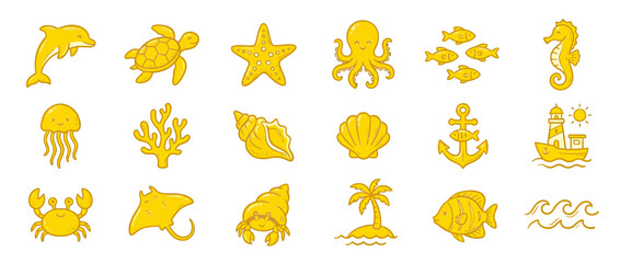 Set of Yellow Hand-Drawn Sea Creatures and Nautical Icons © gedang