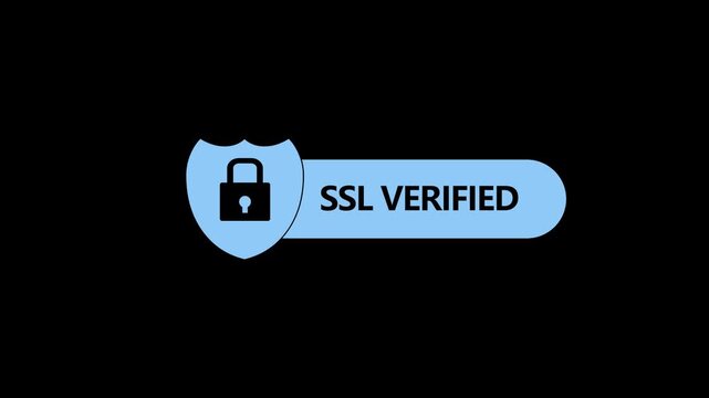 SSL Verified Badge Animation Light Blue Shield Padlock Security Icon Loop Isolated on Black Background Motion Graphic