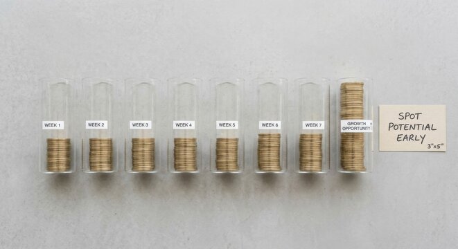 Stacked coins in transparent cylinders showing financial growth over weeks