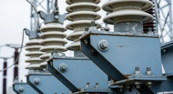 Electrical insulator close up on high voltage power line equipment outdoors