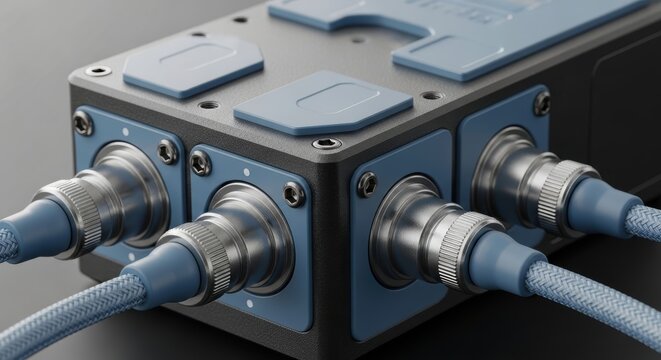 Electrical junction box with four connected metal cable connectors in industrial setting