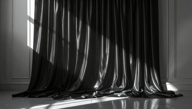 Luxurious black silk curtains draped with dramatic sunlight and shadow patterns on a marble floor, creating an elegant and sophisticated interior design element.