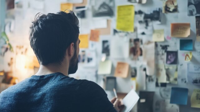 Man looks at a wall filled with colorful notes and sketches while planning a new creative project.
