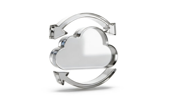 Shiny glass cloud computing icon with circular rotating arrows representing data synchronization and digital storage on white background