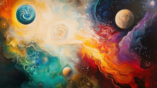 Planets drift through a swirling cosmic nebula filled with vibrant colors and abstract celestial energy patterns.