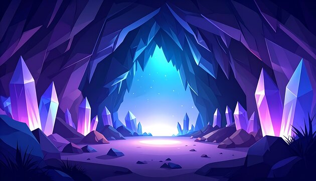 Enchanting Crystal Cave with Glowing Blue Light Entrance.