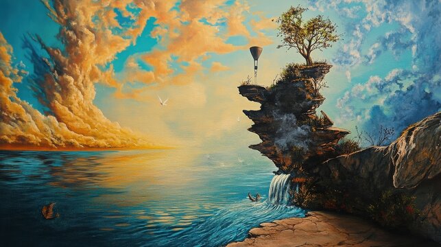 Landscape features a surreal cliff rising from the sea with a lone tree and a floating air balloon under a dramatic sunset sky.