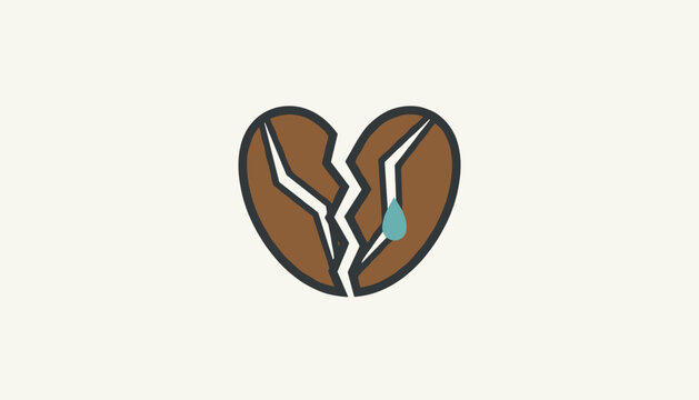 Creative sad concept depicting a broken heart shaped coffee bean with a single blue tear over a cream background.